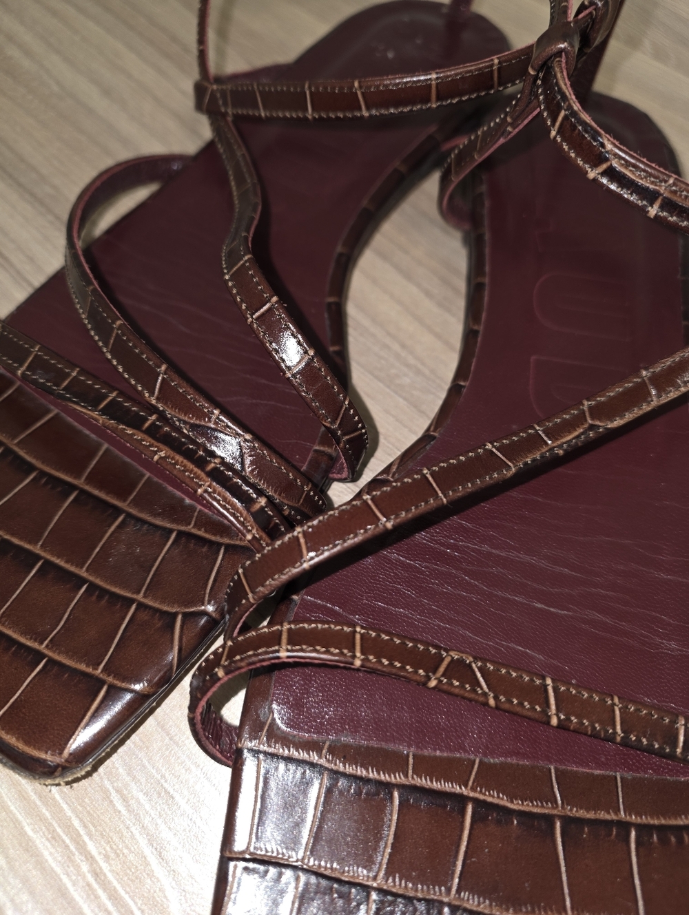 STAUD Chocolate Brown Croc-Embossed Strappy Square-Toe Sandals - Picture 4 of 8